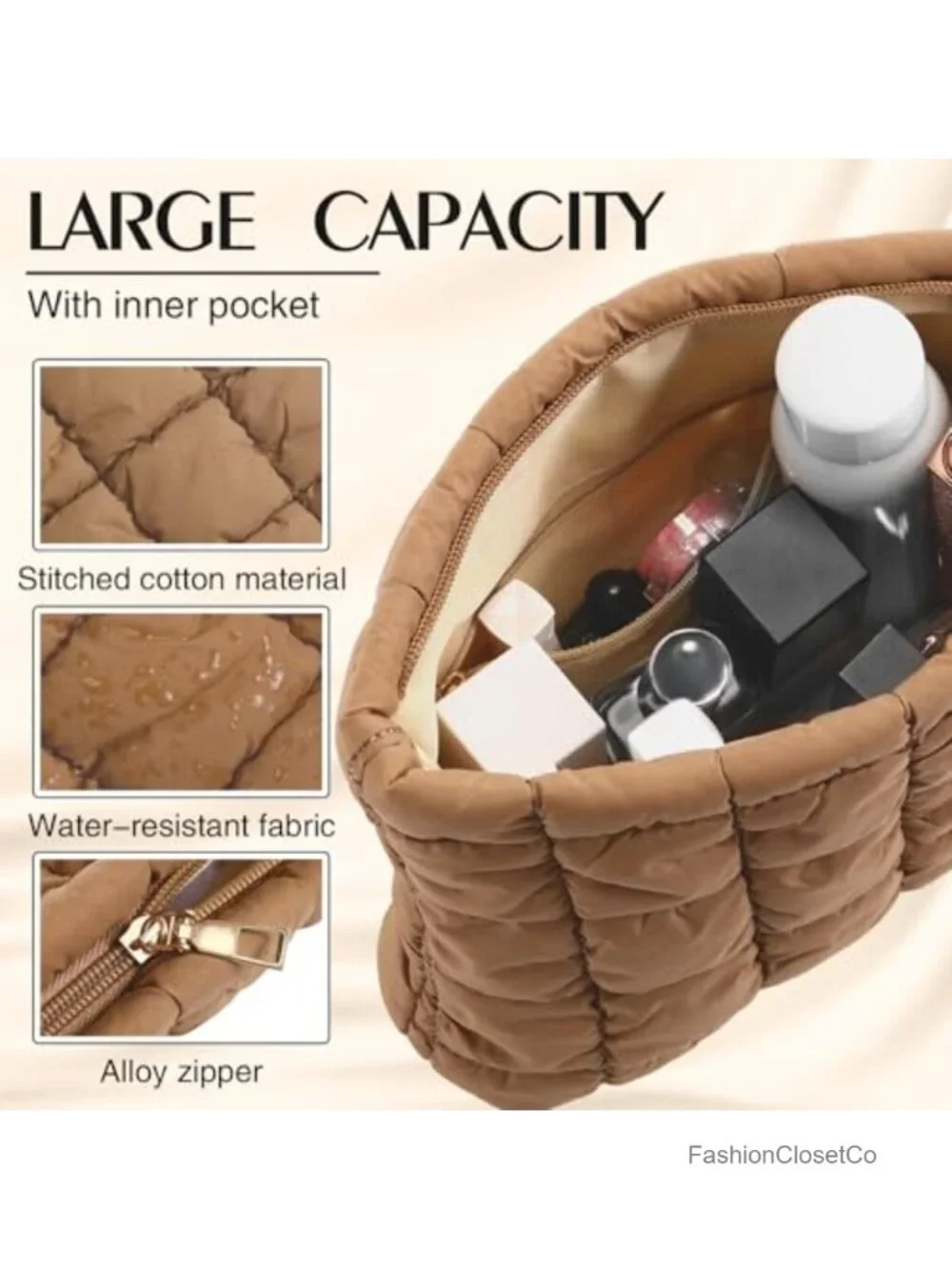 Puffy Quilted Nylon Makeup Bag Cosmetic Case Travel Toiletry Organizer Pouch